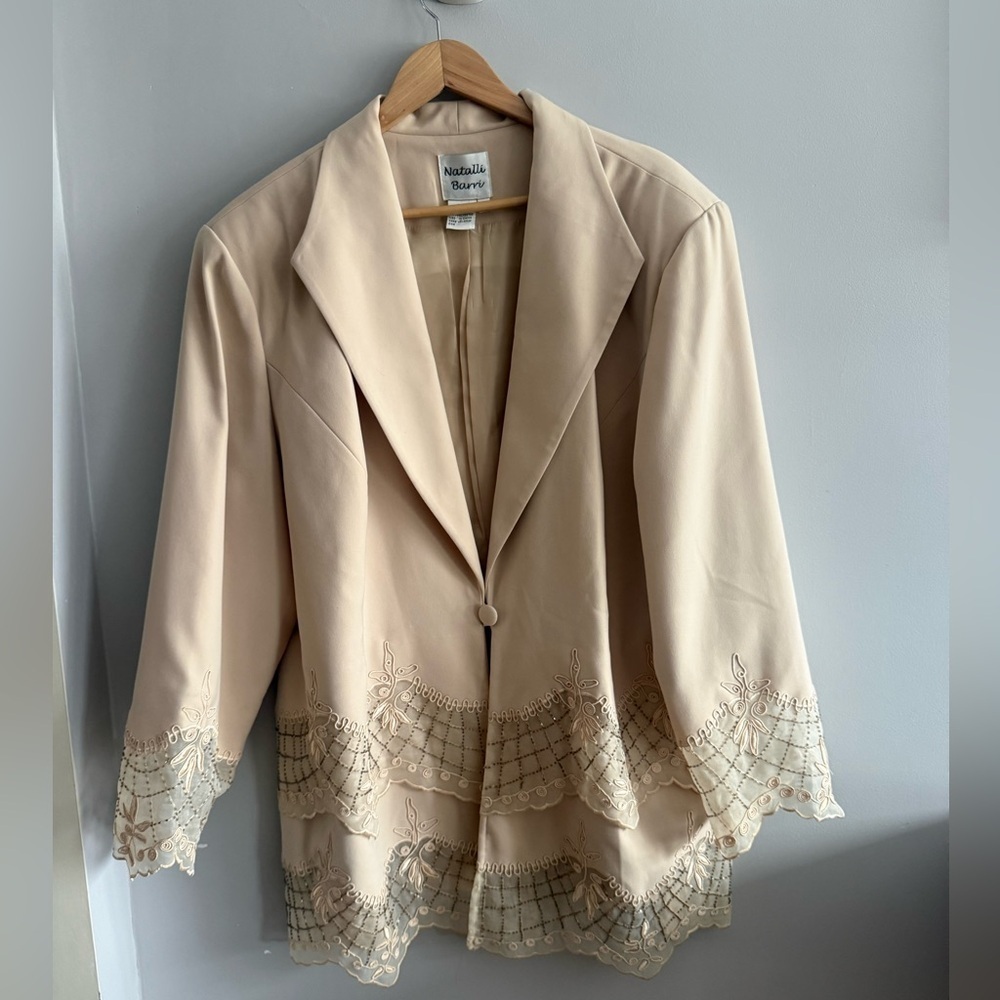 Natali Barré Embroidered Lace Trim Blazer Jacket 26W Beige
